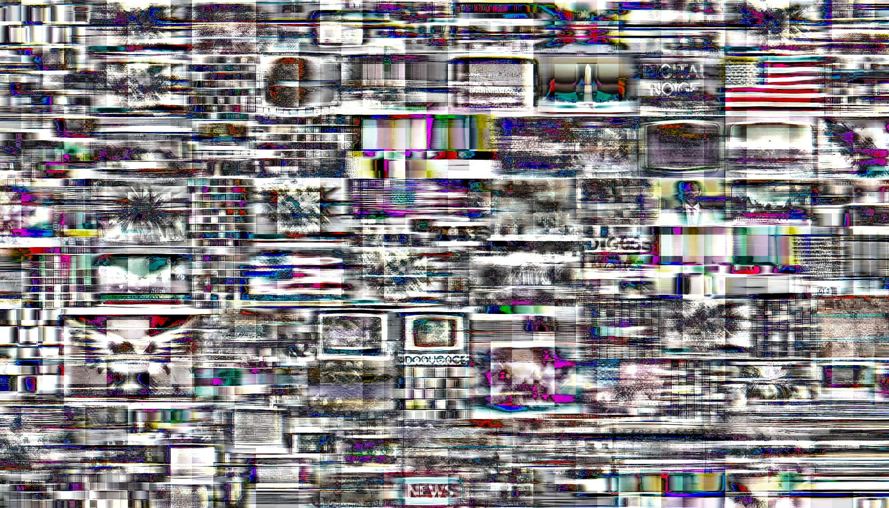 A chaotic collage of various screens displaying propaganda, advertising, newscasts, social media posts, and computer screens, depicted with massive digital artifacts, jags, and motion blur.