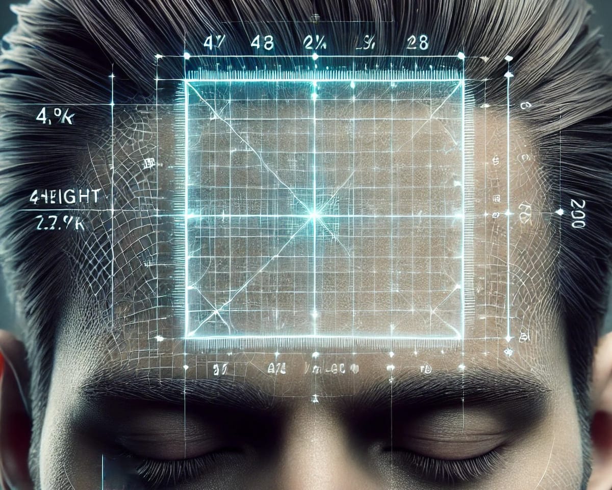 A closeup of a forehead with a layered diagram overlay showing calculations for the area.