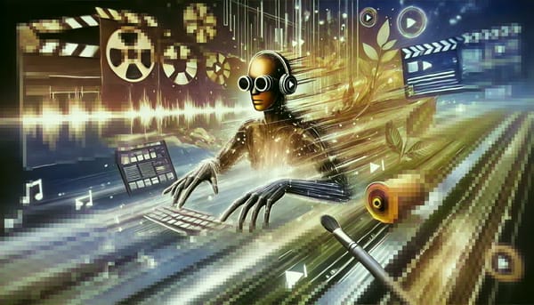 Digital art illustration depicting AI-enabled humanoid creating and editing several video clips