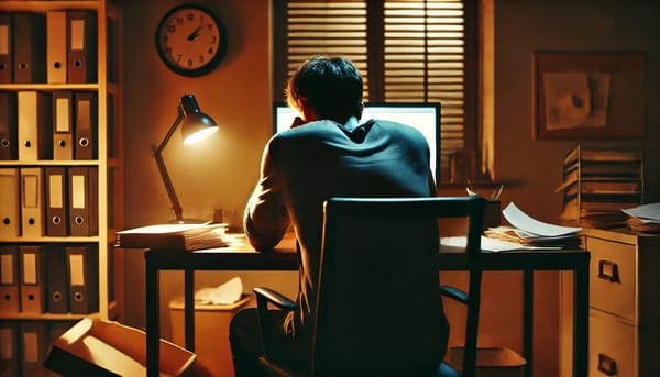 Man sitting at their desk early in the morning, exhausted and hunched over in a state of burnout