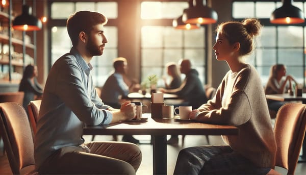 two individuals sitting across from each other having a thoughtful and respectful conversation at a cafe restaurant