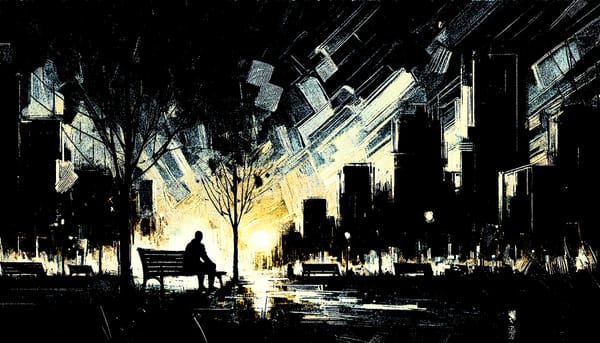 High-contrast illustration depicting solitude in an urban environment