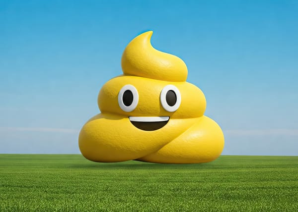 A poop emoji in a field with blue-skies