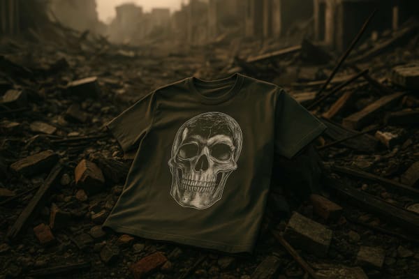 A skull tee in the rubble