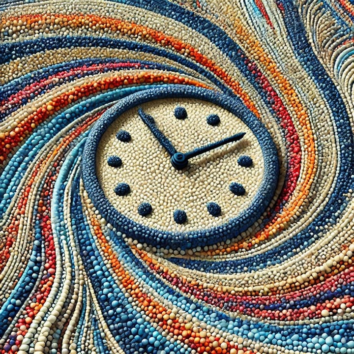 A clock composed of tiny specks of differently colored plastic granules