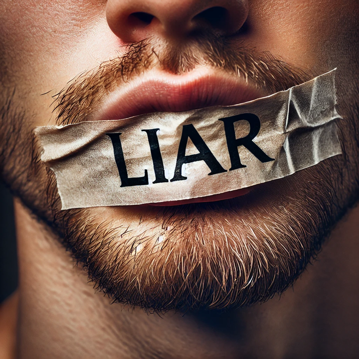 A close-up image of a mouth with a piece of tape across it labeled LIAR