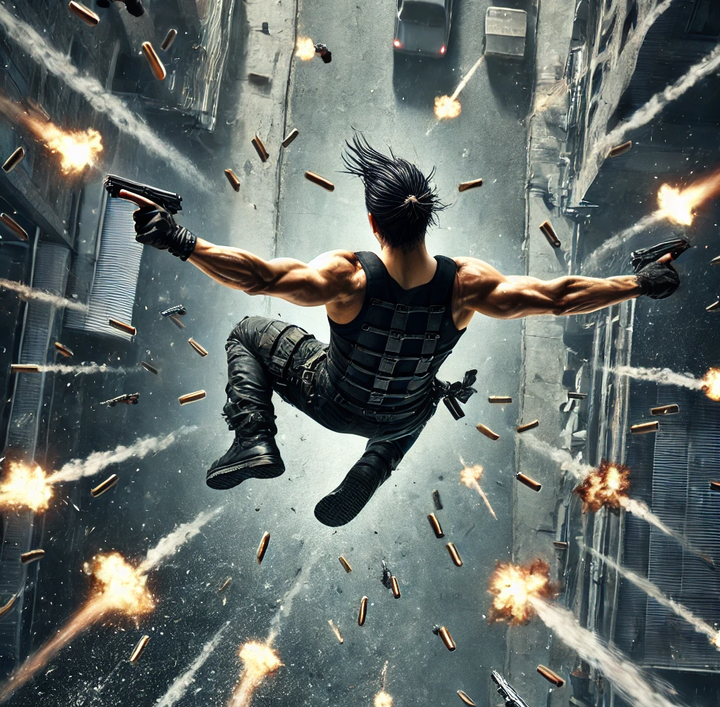 An intense action movie still shows an overhead view of a badass taking a dramatic jump