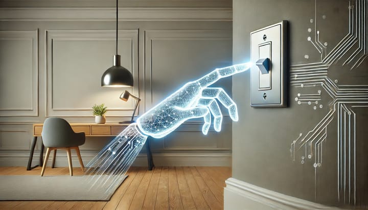 A transparent AI hand flipping on a modern light switch in a room highlights the integration of AI into everyday life.