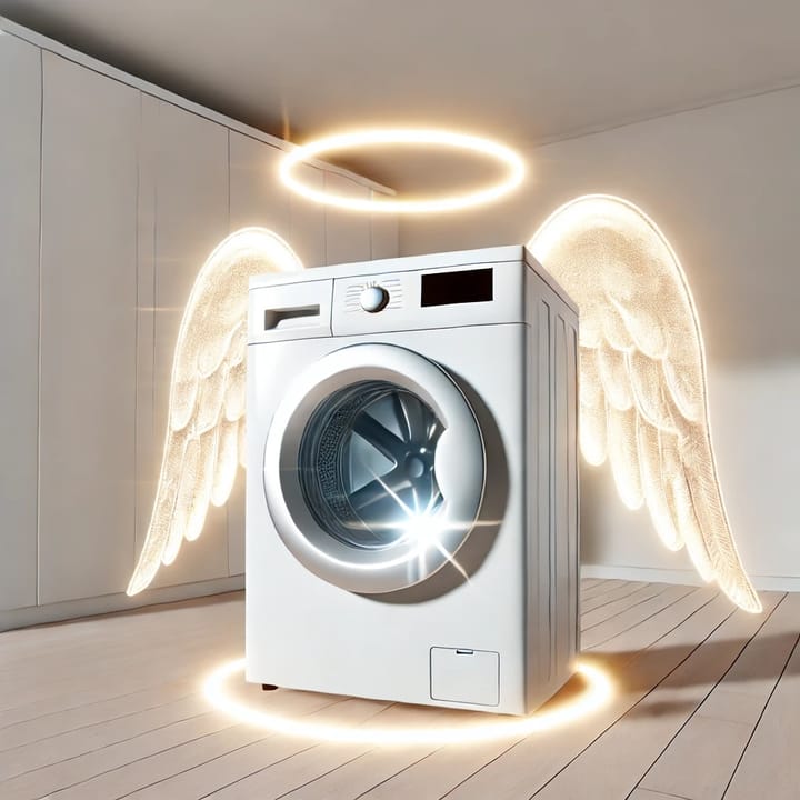 A glowing and ethereal laundry machine with wings and halo shining brightly