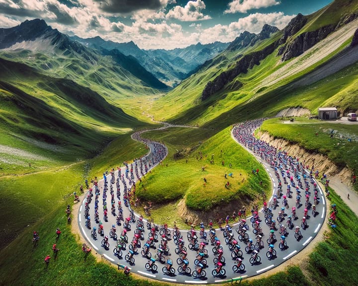 Imaginary aerial view of a group of bicyclists participating in the Tour de France on a winding mountain road