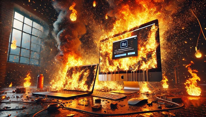 A Mac laptop burst into flames along with a second monitor.