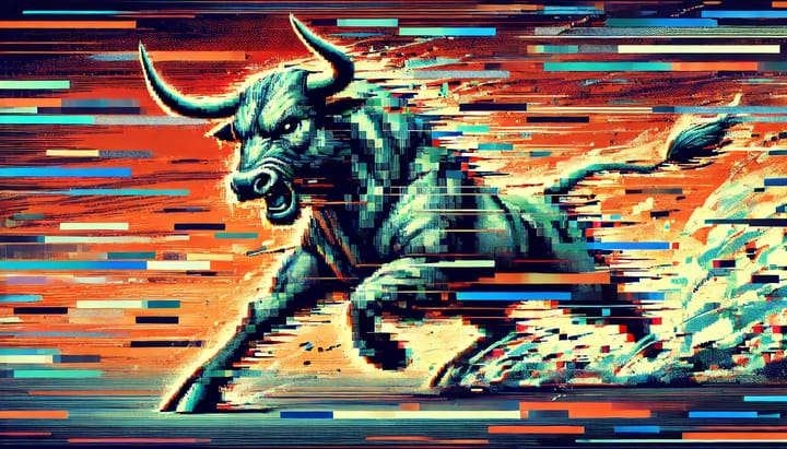 Angry bull charging styled with glitchy digital artifacts