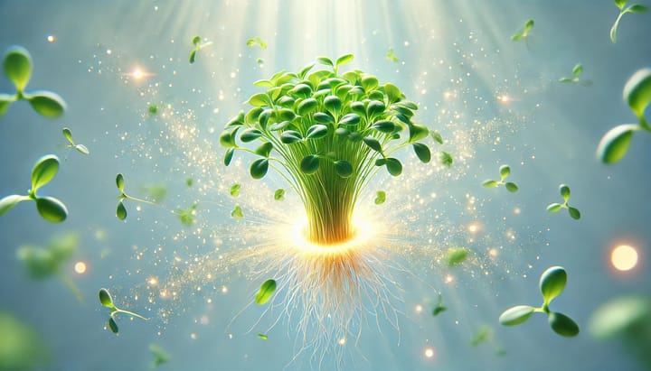 An image of microgreens floating in mid-air with a heavenly glow around it.