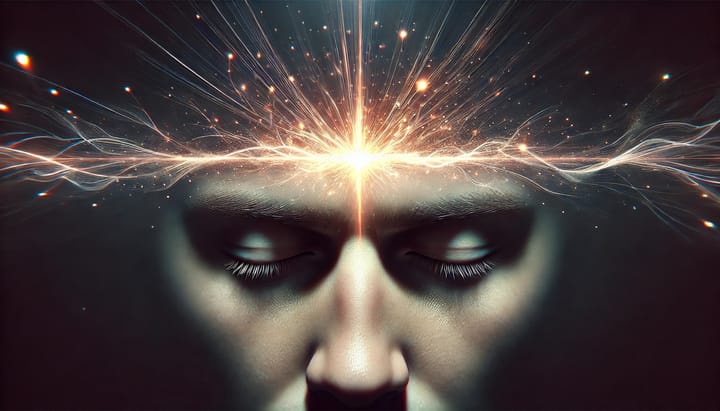 A photorealistic close-up of a person's forehead in deep thought with energy sparks radiating from above the eyebrows