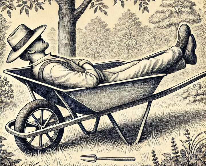 drawing of a worker taking a siesta break reclining in an empty wheelbarrow