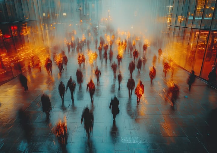 Blurry aerial image of a group of pedestrians with several individuals in a public space glowing with anger.