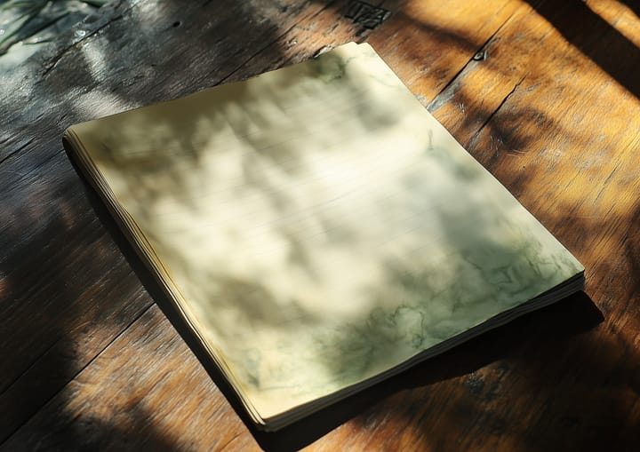 An artist's blank sheets are illuminated by a glowing ray of light on a wood table surface.