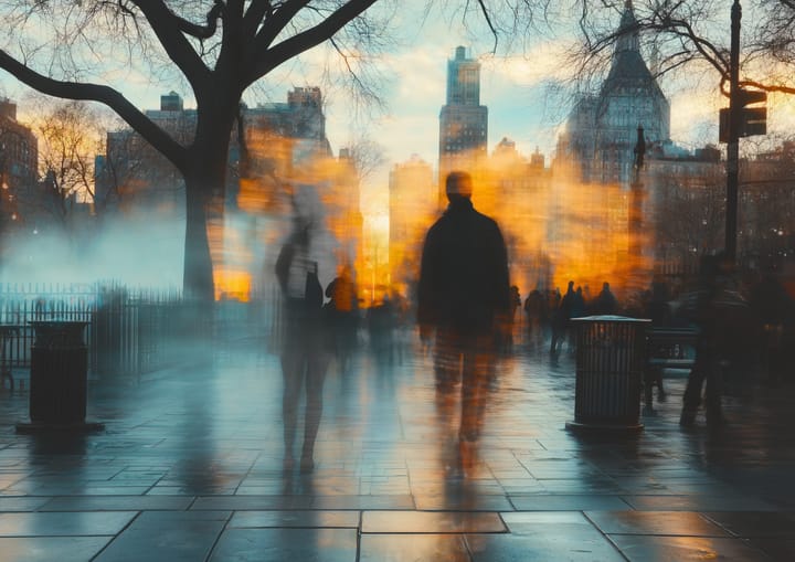 Blurry image of people disintegrating and disappearing in front of a crowded public park in a US city.