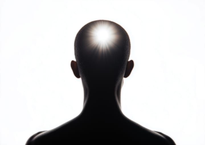 A person's head and back with a glowing spot. 