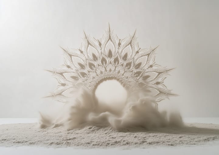 4K image of a mandala forming mid-air from blowing sand, representing mindfulness and artistic expression.